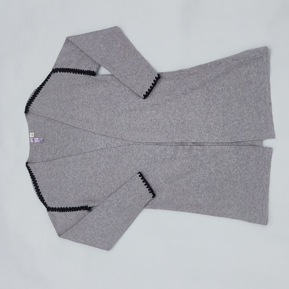Alya long gray cardigan with black trim on seams size medium
